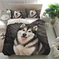 Alaskan Malamute bedding set displayed in a modern bedroom with a large realistic dog portrait