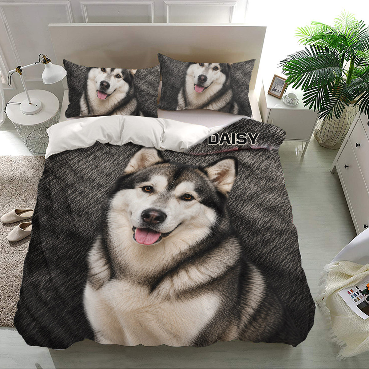 Alaskan Malamute bedding set displayed in a modern bedroom with a large realistic dog portrait