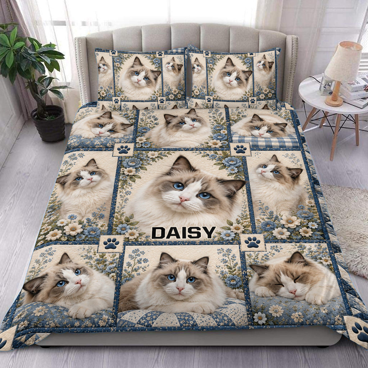 Ragdoll cat duvet cover set displayed on a bed with blue floral panels and matching pillowcases