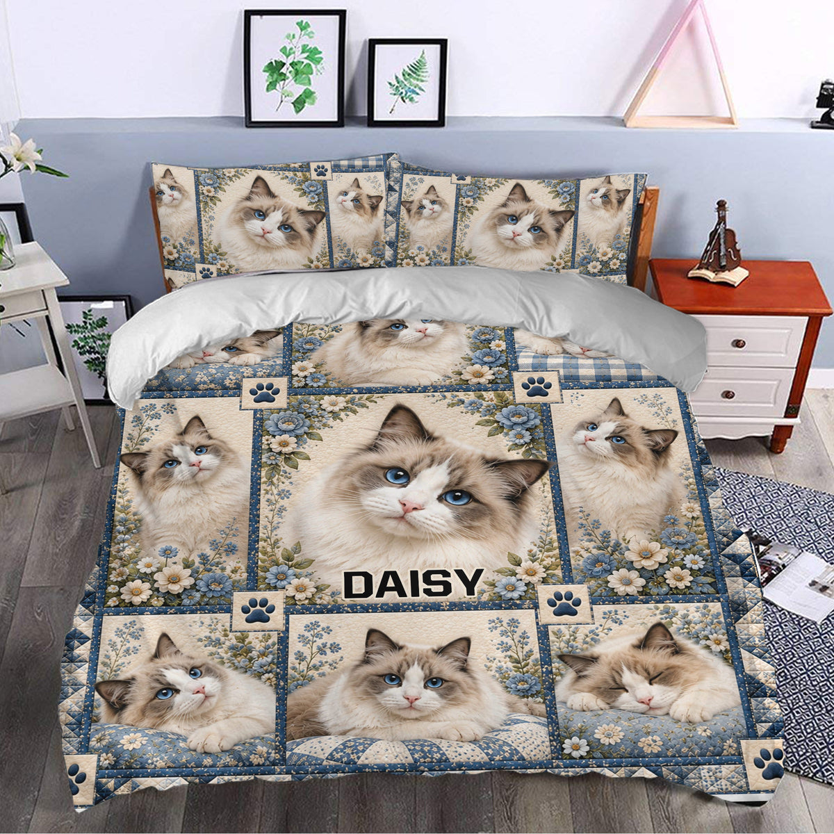 Ragdoll cat duvet cover bedding set styled in a bedroom with blue flowers and repeated cat portraits