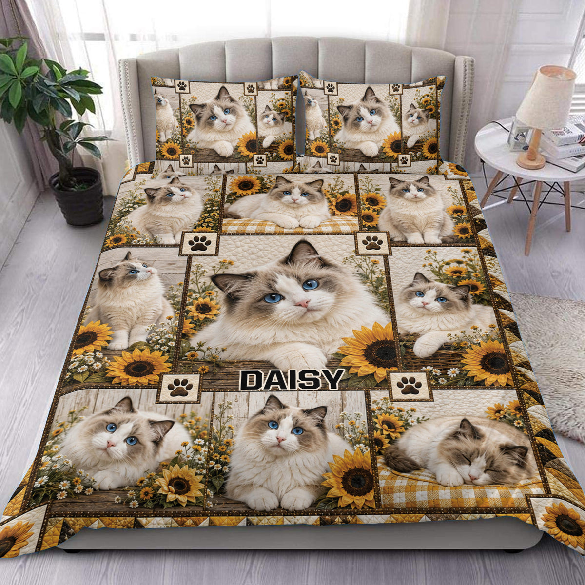 Ragdoll cat duvet cover set displayed on a bed with sunflower patchwork artwork and blue-eyed cats