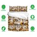 Ragdoll cat bedding set with sunflower artwork shown with matching pillowcases and care feature icons