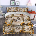 Ragdoll cat bedding set styled in a bedroom with rustic sunflower patchwork and blue-eyed cat artwork