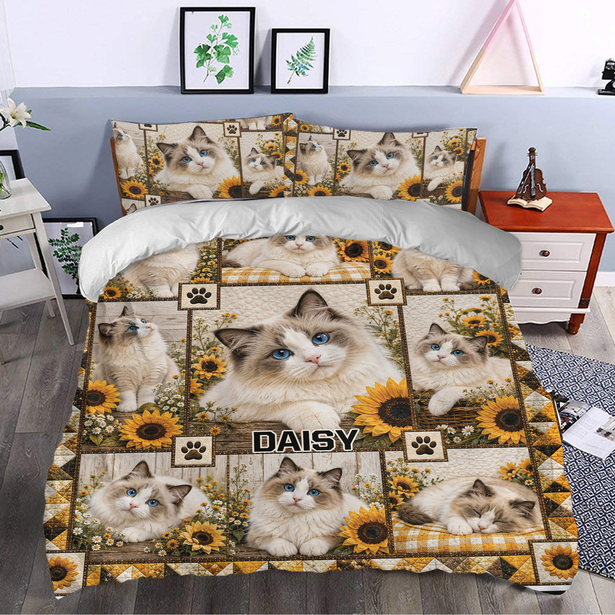Ragdoll cat bedding set styled in a bedroom with rustic sunflower patchwork and blue-eyed cat artwork