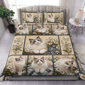 Ragdoll cat duvet cover bedding set displayed on a bed with daisies and blue floral borders