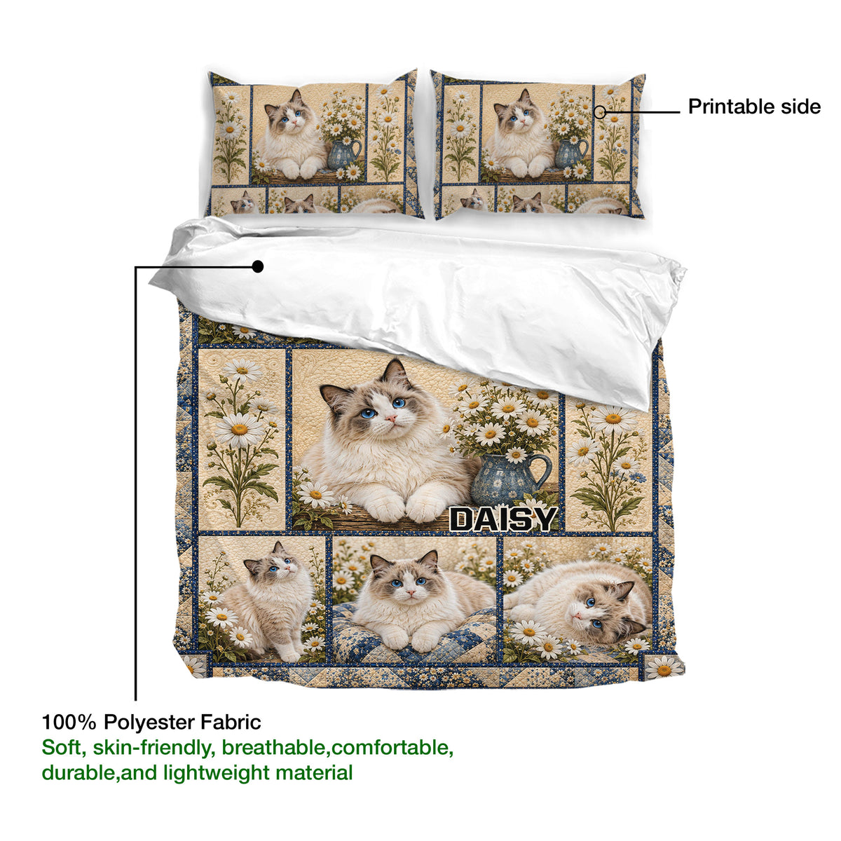 Ragdoll cat duvet cover with floral artwork, printable front side, and soft polyester fabric details