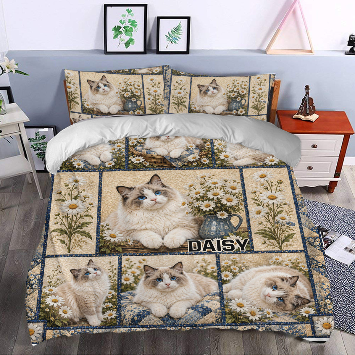 Ragdoll cat duvet cover styled in a bedroom with daisy panels, blue accents, and matching pillowcases