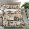 Ragdoll cat bedding set presented in a bright bedroom with floral artwork and coordinating pillowcases