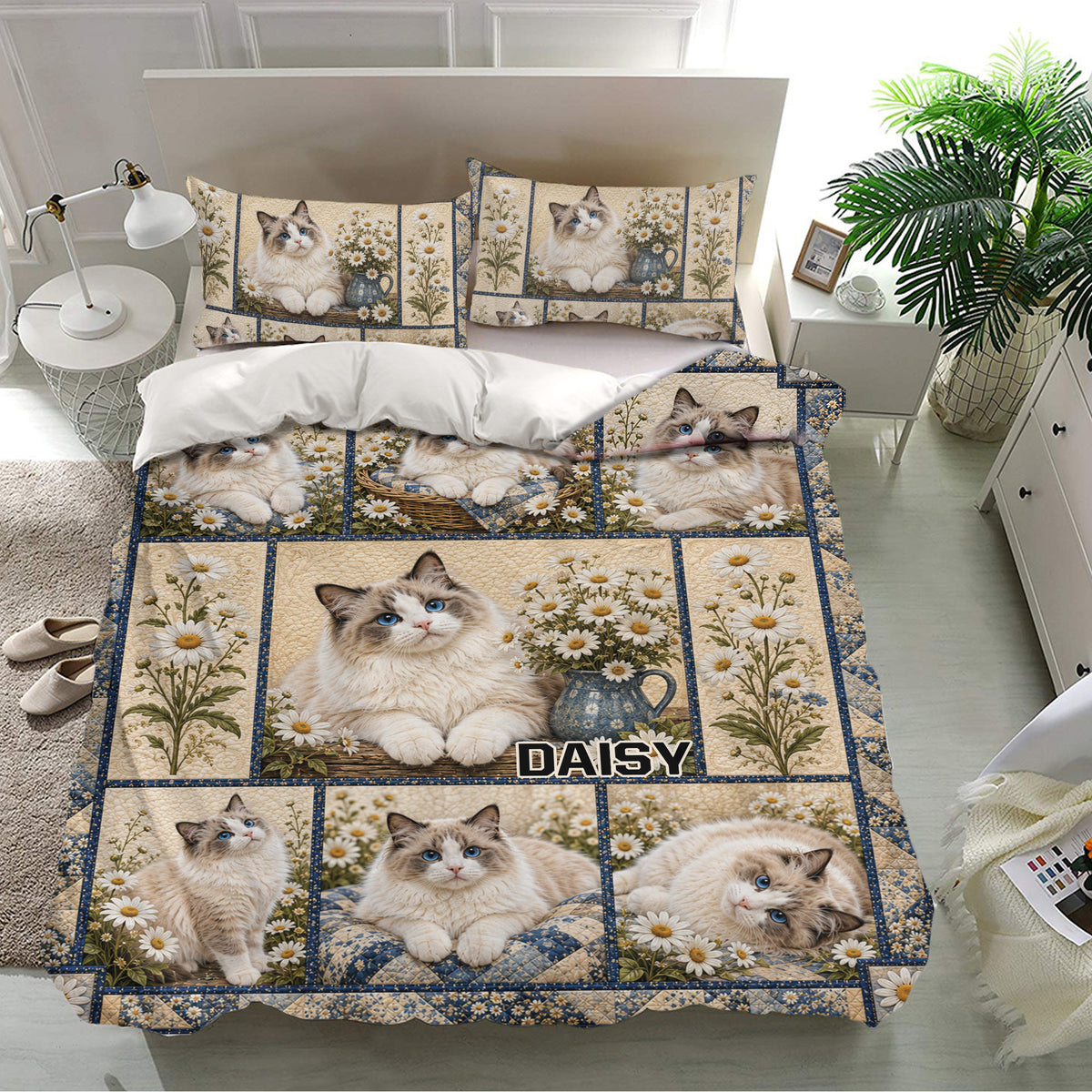 Ragdoll cat bedding set presented in a bright bedroom with floral artwork and coordinating pillowcases