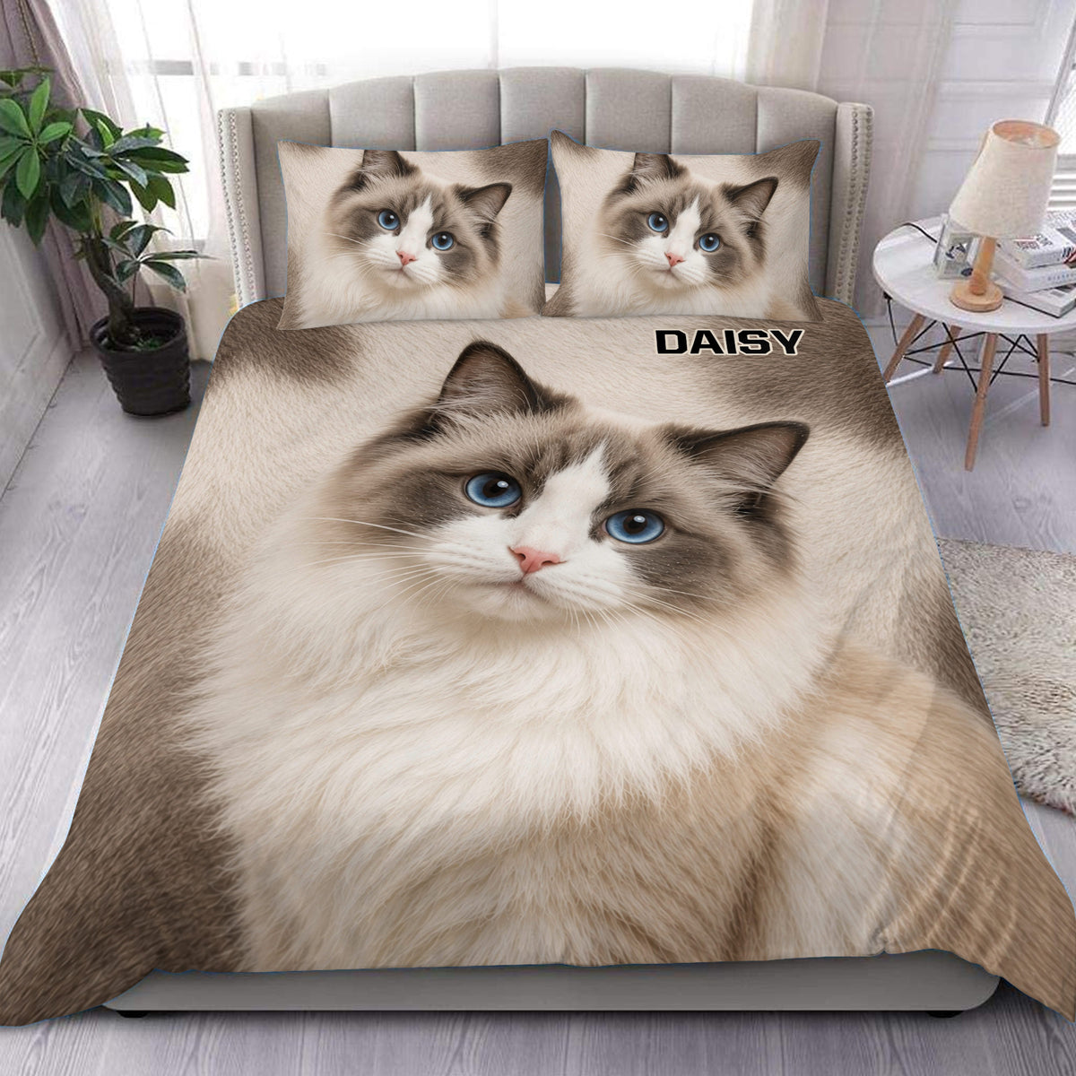 Ragdoll cat duvet cover set styled on a bedroom bed with matching blue-eyed cat pillowcases