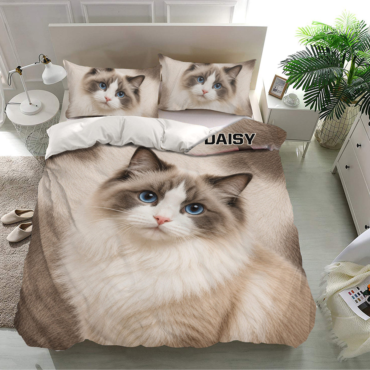 Ragdoll cat bedding set displayed in a bright bedroom with large blue-eyed cat artwork