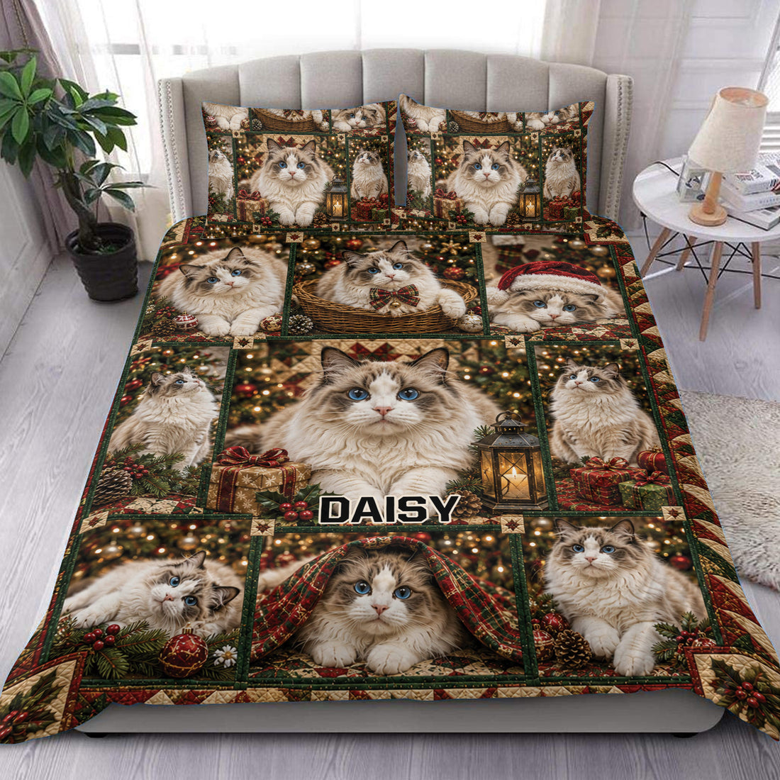 Ragdoll cat duvet cover set displayed on a bed with Christmas gifts, lanterns, greenery, and festive colors