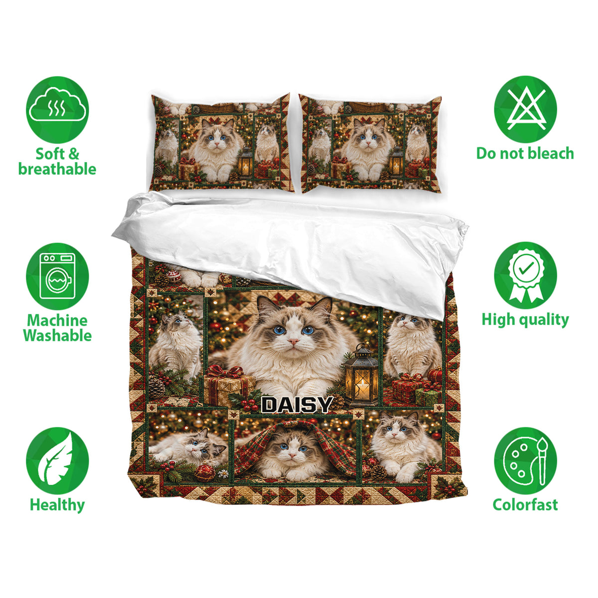 Ragdoll cat bedding set shown with matching pillowcases and a festive Christmas collage design