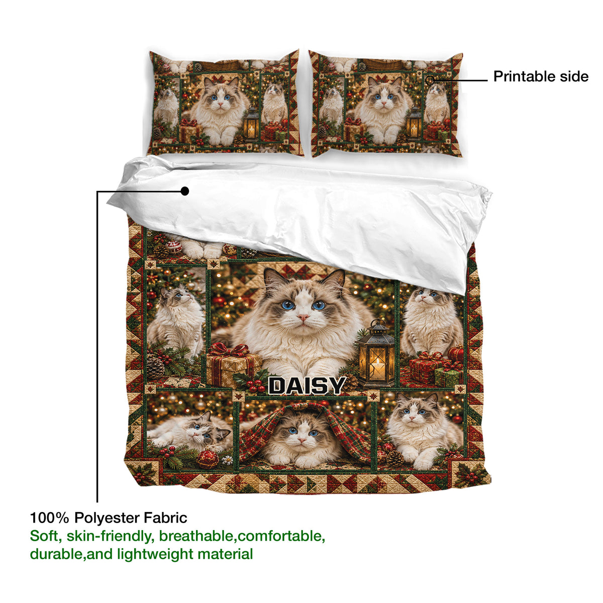 Ragdoll cat duvet cover and pillowcases shown with a close view of the printed front and soft fabric