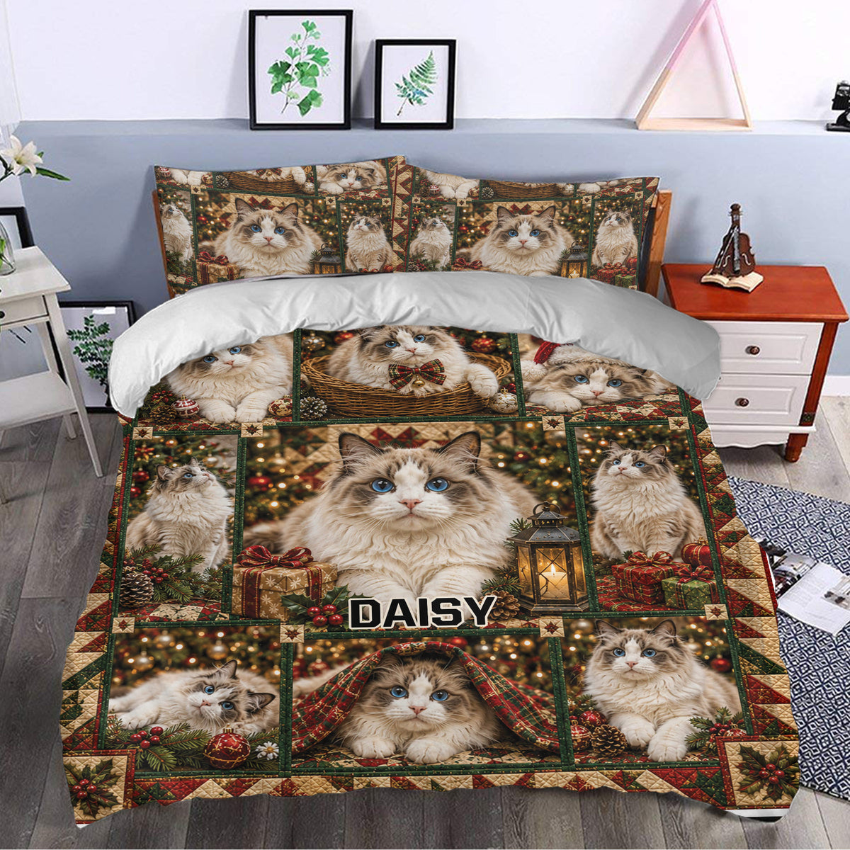 Christmas Ragdoll cat duvet cover styled in a cozy bedroom with festive artwork and rich red and green tones