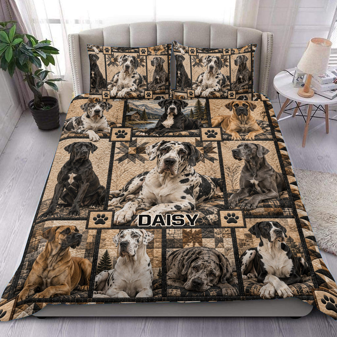 Great Dane duvet cover bedding set displayed on a bedroom bed with rustic dog artwork and paw print accents