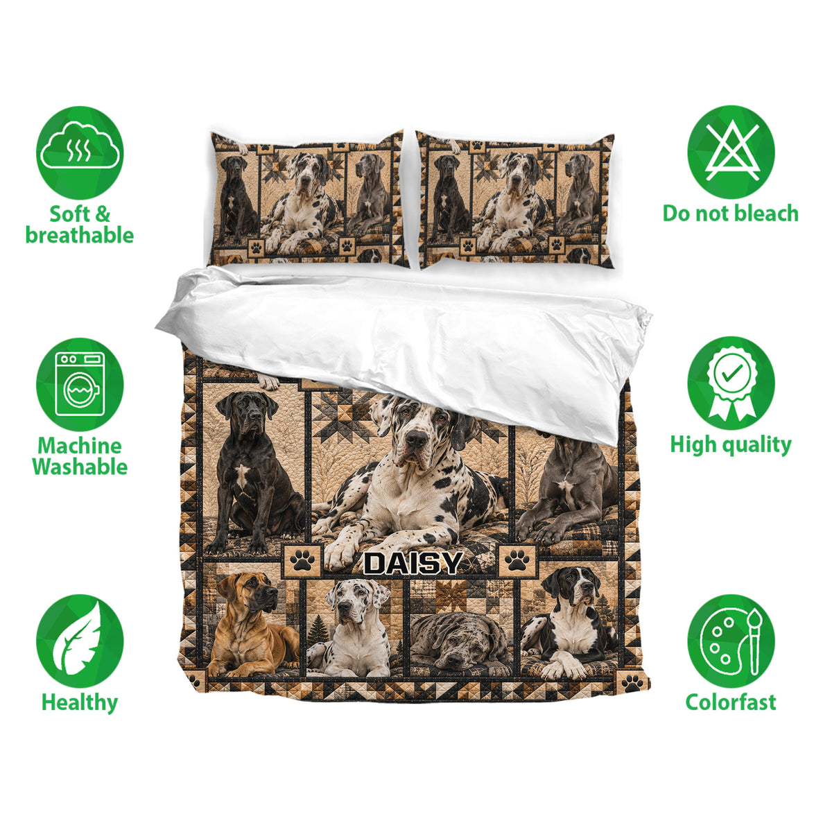 Great Dane bedding set shown with matching pillowcases, soft breathable fabric, and earthy rustic dog artwork