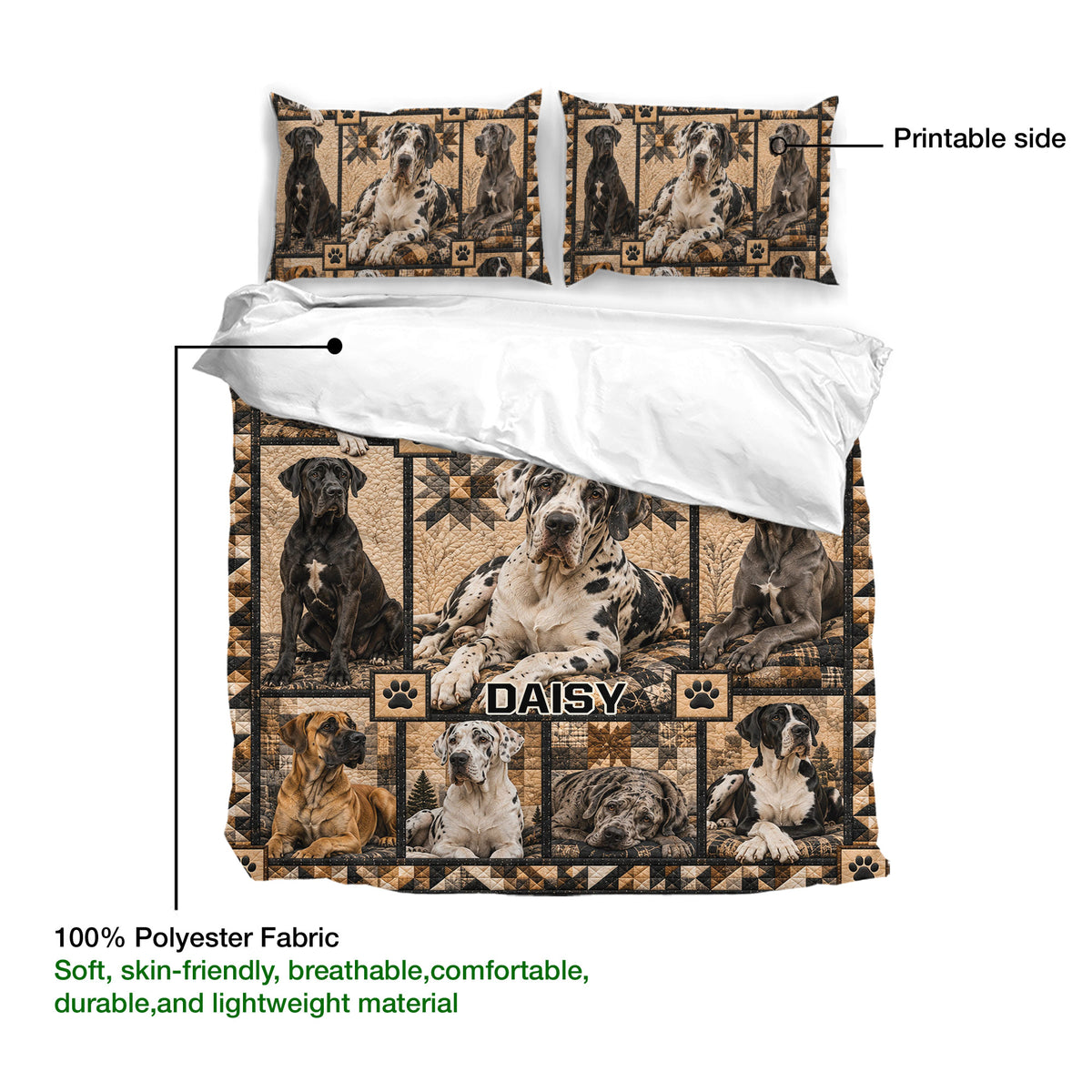 Great Dane duvet cover set showing the printed side, lightweight polyester fabric, and detailed dog portrait design