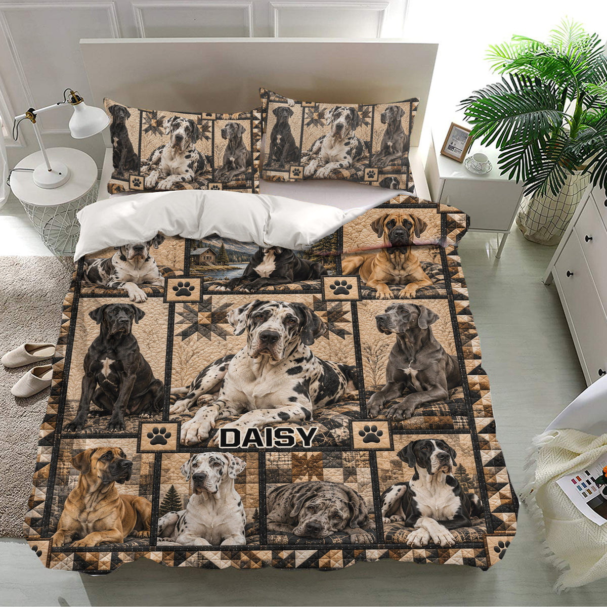Great Dane bedding set presented in a bright bedroom with matching pillowcases and rustic lodge-inspired artwork