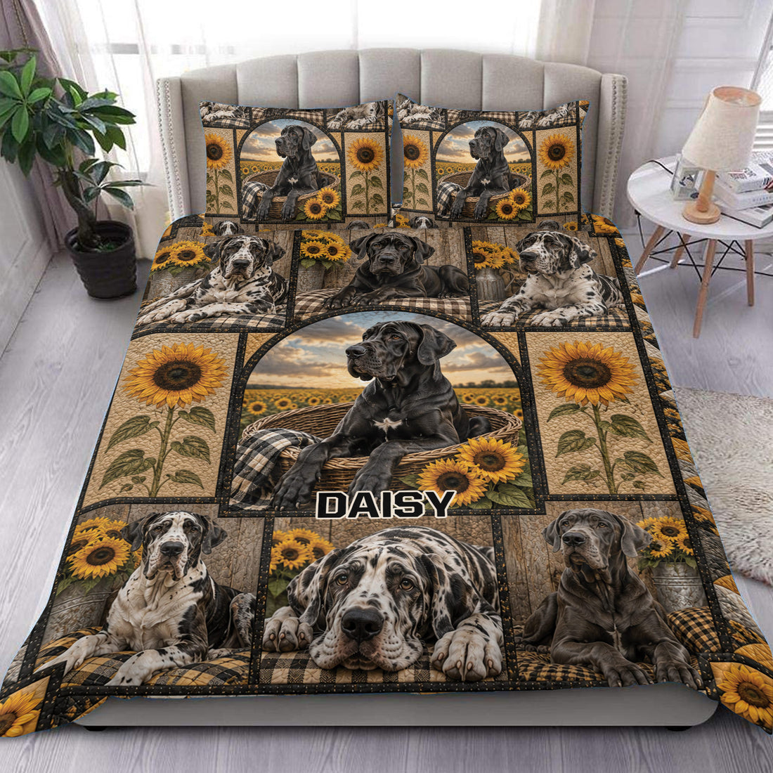 Great Dane duvet cover set displayed on a bed with sunflower panels and plaid-inspired accents