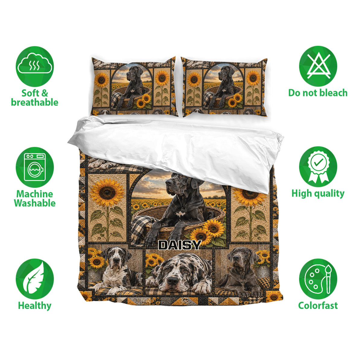 Great Dane bedding set with sunflower artwork, matching pillowcases, and soft breathable fabric icons
