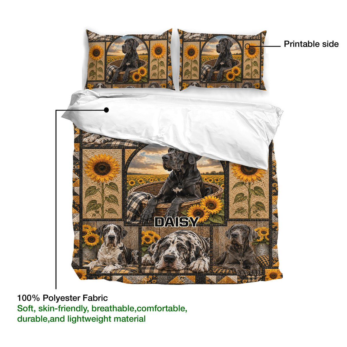 Great Dane duvet cover showing printable artwork, sunflower details, and lightweight polyester fabric