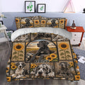 Great Dane duvet cover bedding set styled in a bedroom with sunflower and rustic plaid artwork