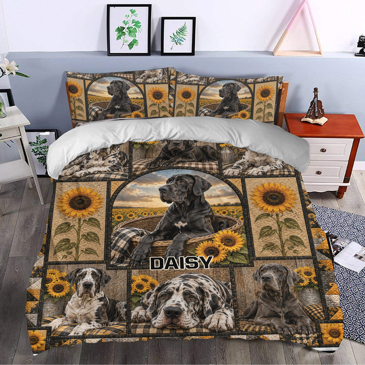 Great Dane duvet cover bedding set styled in a bedroom with sunflower and rustic plaid artwork