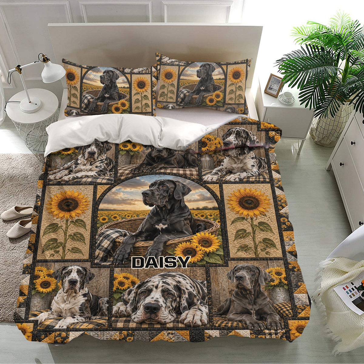 Great Dane bedding set displayed in a bright bedroom with matching dog and sunflower pillowcases