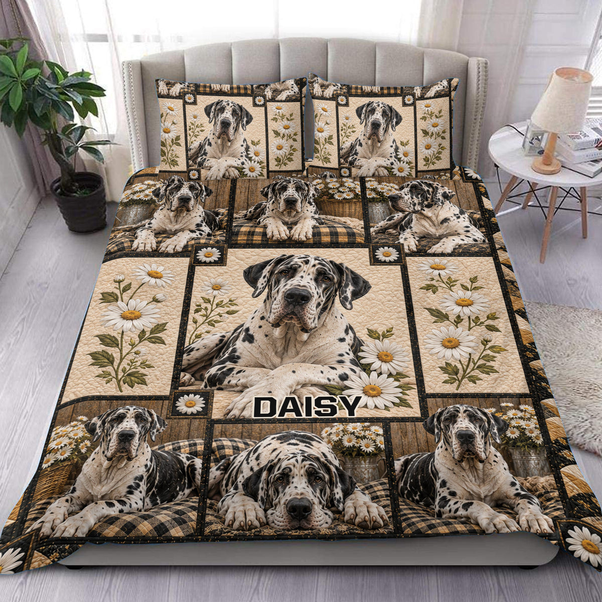 Great Dane duvet cover set with daisy floral panels and plaid accents styled on a bedroom bed