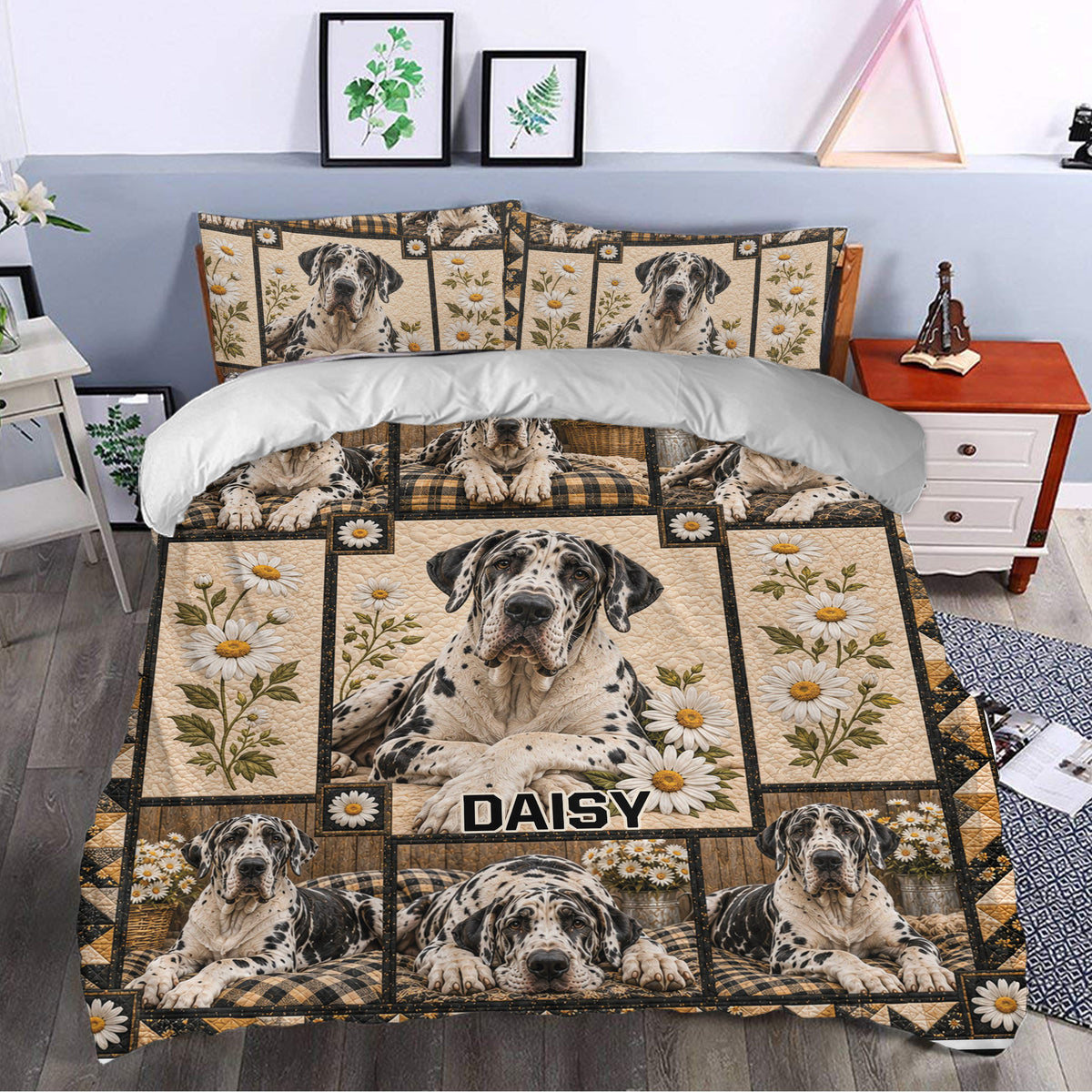 Great Dane duvet cover with floral dog artwork styled in a bright bedroom decor setting