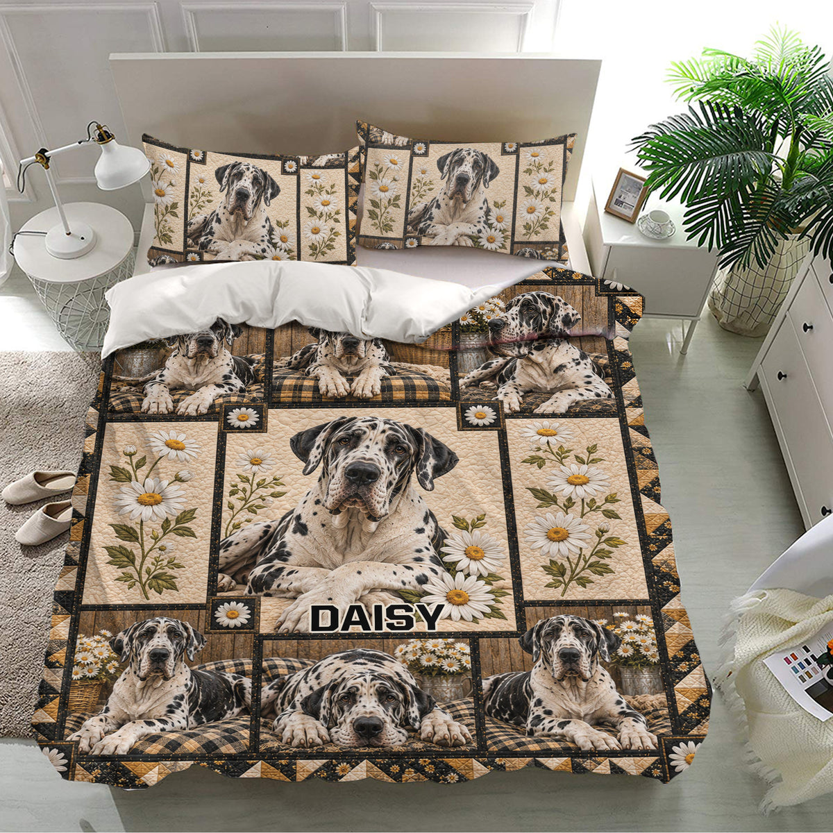 Great Dane bedding set featuring spotted dogs, daisies, plaid panels, and matching pillowcases