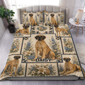 Great Dane duvet cover set displayed on a bed with floral panels, navy borders, and large dog portraits