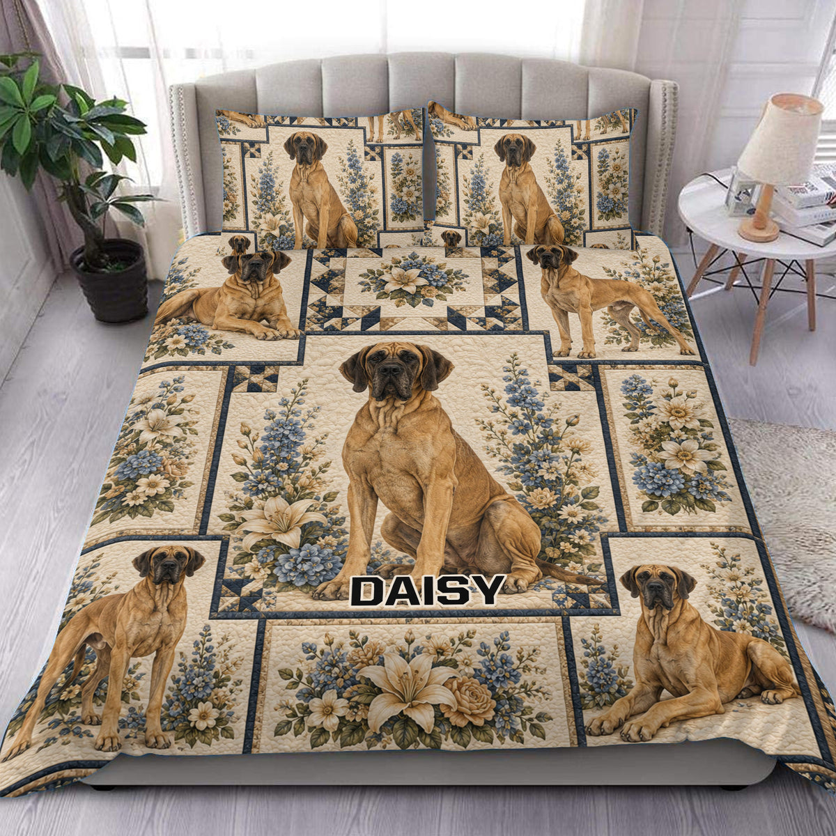 Great Dane duvet cover set displayed on a bed with floral panels, navy borders, and large dog portraits