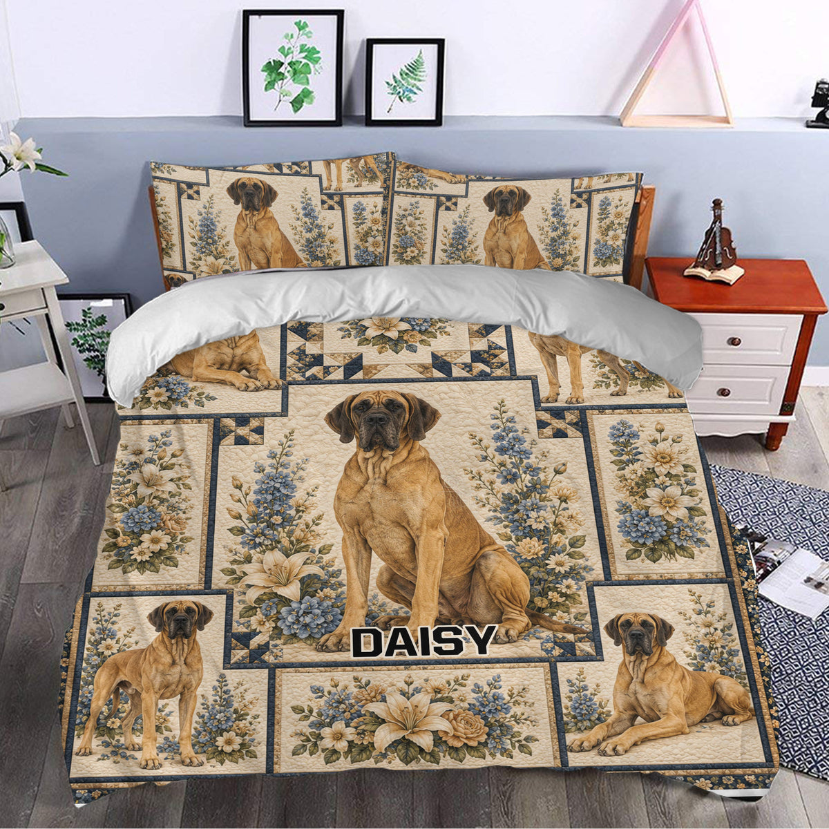 Great Dane bedding styled in a bedroom with large dog portraits, cream flowers, and blue geometric borders