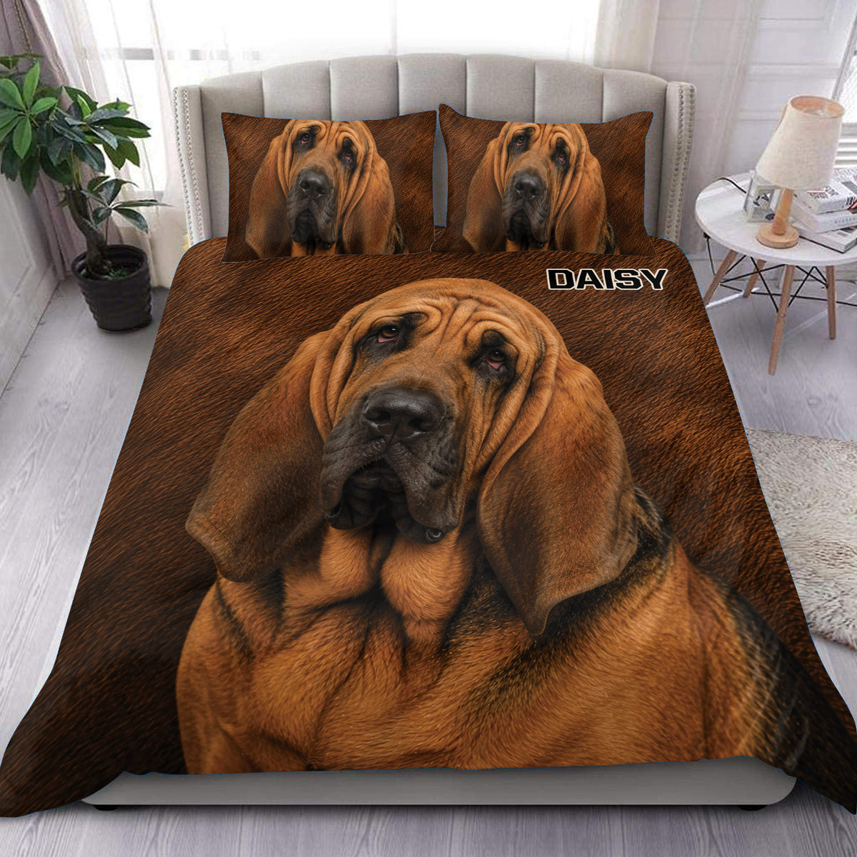 Bloodhound duvet cover set displayed on a bed with a large realistic brown dog portrait and matching pillows