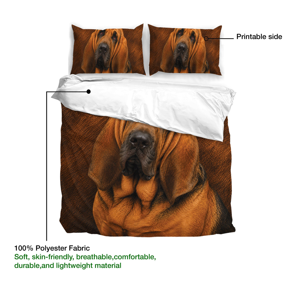 Bloodhound duvet cover artwork with matching pillowcases and a close-up realistic dog portrait
