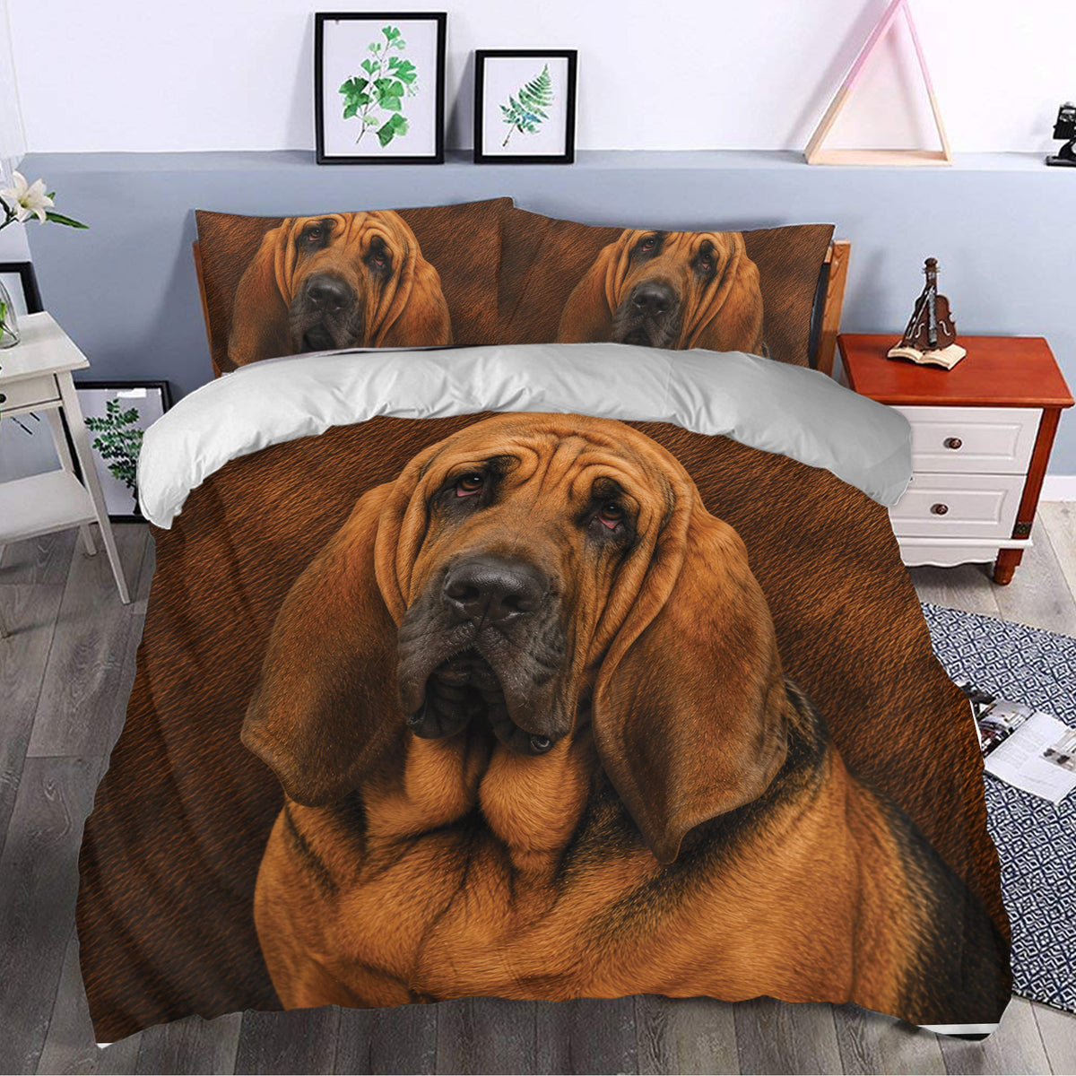 Bloodhound duvet cover set styled in a modern bedroom with realistic brown dog artwork
