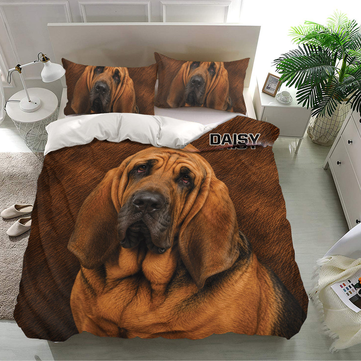 Bloodhound bedding set presented in a bright bedroom with matching dog portrait pillows