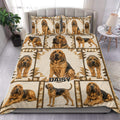 Bloodhound duvet cover bedding set displayed on a modern bed with brown, cream, and tan dog artwork
