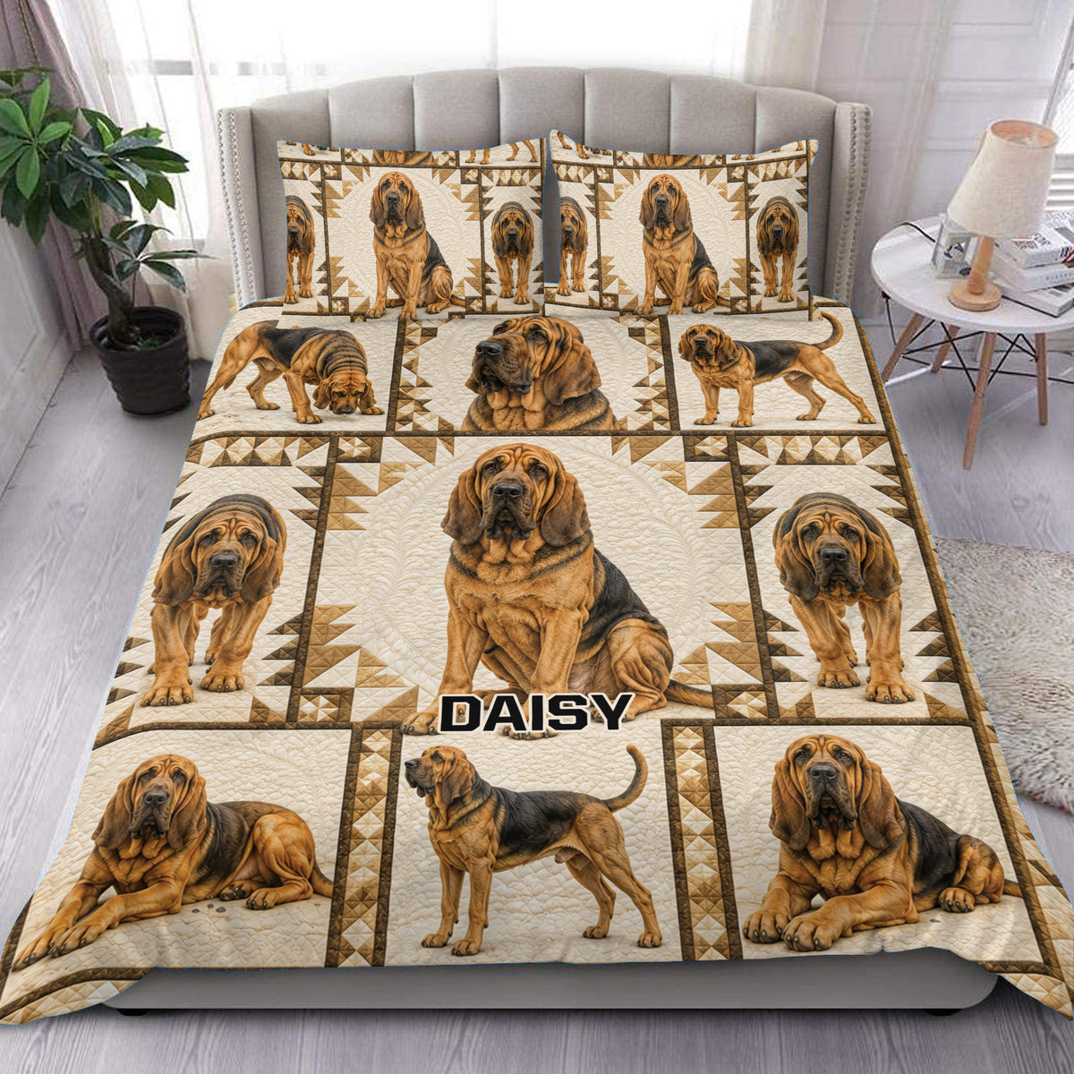 Bloodhound duvet cover bedding set displayed on a modern bed with brown, cream, and tan dog artwork