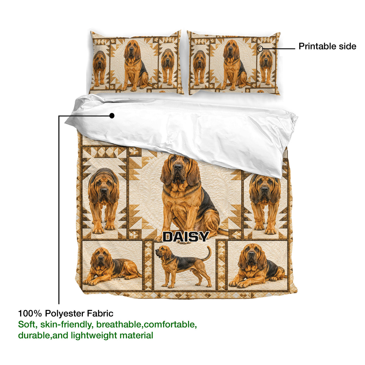 Bloodhound duvet cover bedding set shown open with matching pillowcases and a detailed dog pattern