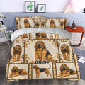 Bloodhound bedding set styled in a bedroom with large dog portraits and geometric brown border details