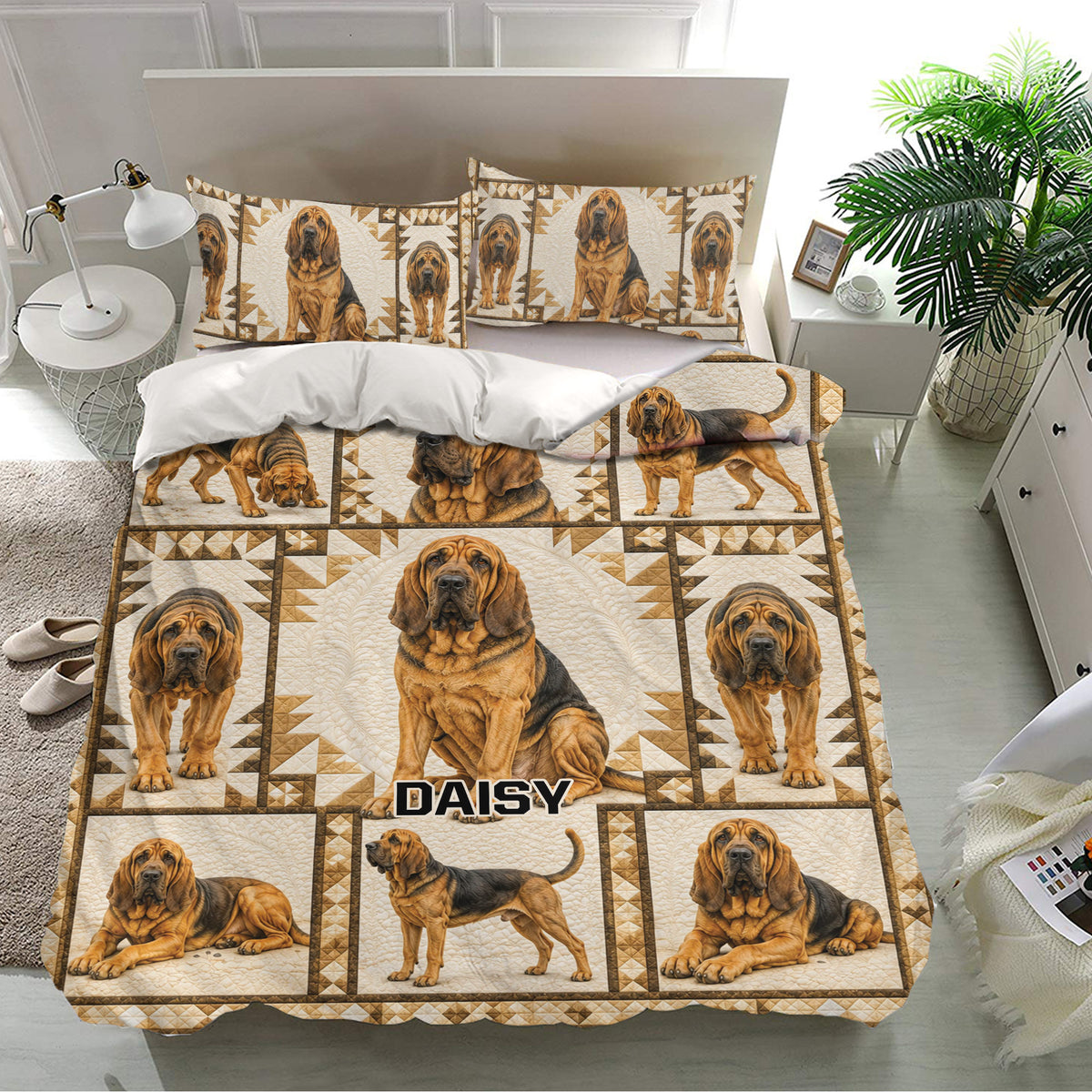 Bloodhound duvet cover set displayed in a bright bedroom with matching pillowcases and realistic dog artwork