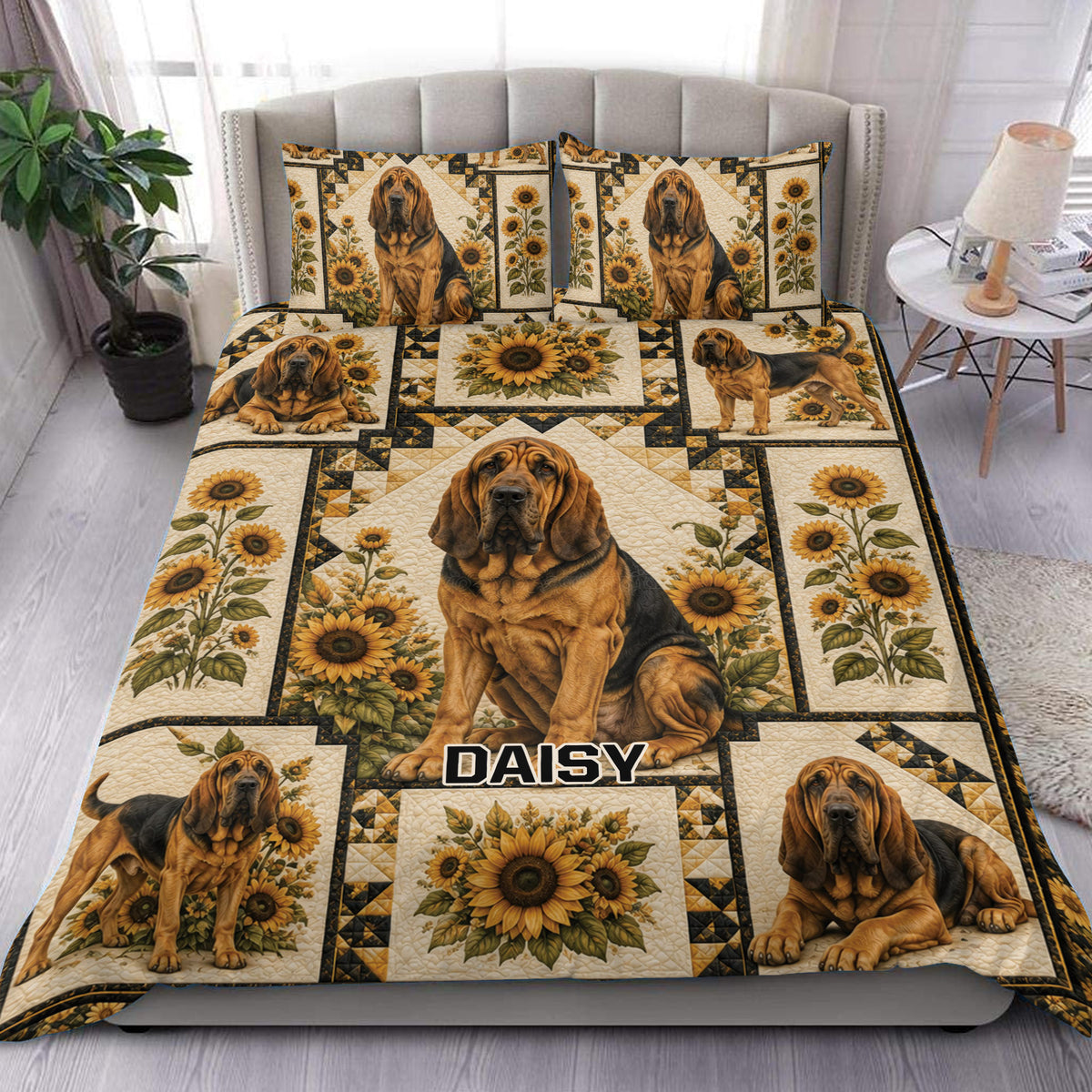 Bloodhound duvet cover set displayed on a bed with sunflower patchwork artwork and warm rustic bedroom decor