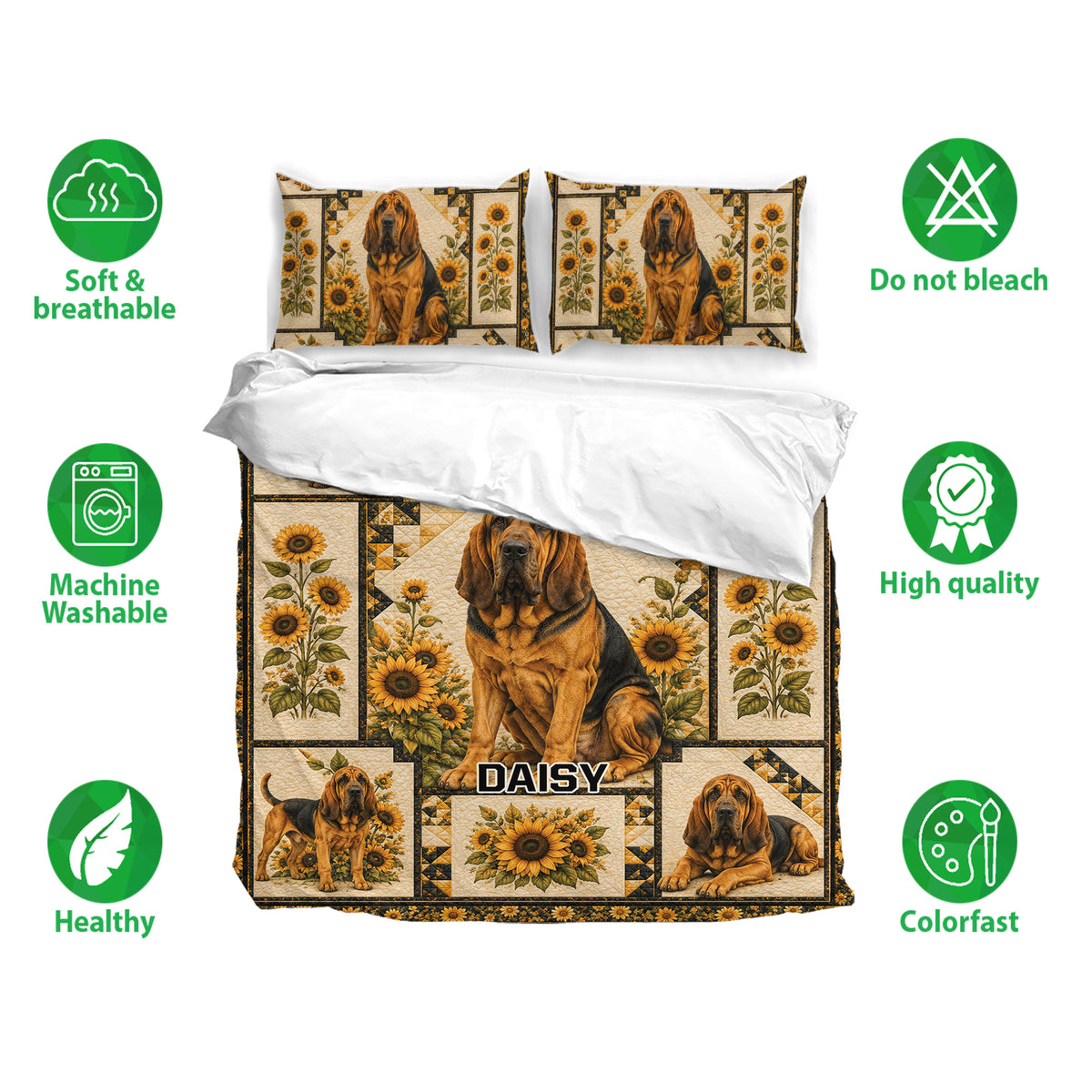 Bloodhound bedding set with sunflower artwork shown on a bed alongside soft breathable and washable feature icons