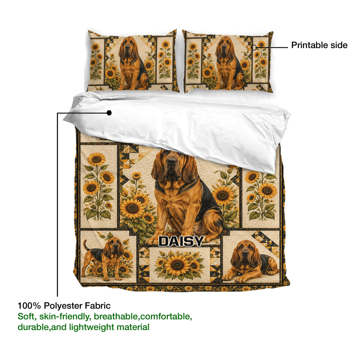 Bloodhound duvet cover and pillowcases shown with a sunflower patchwork design and fabric detail callout