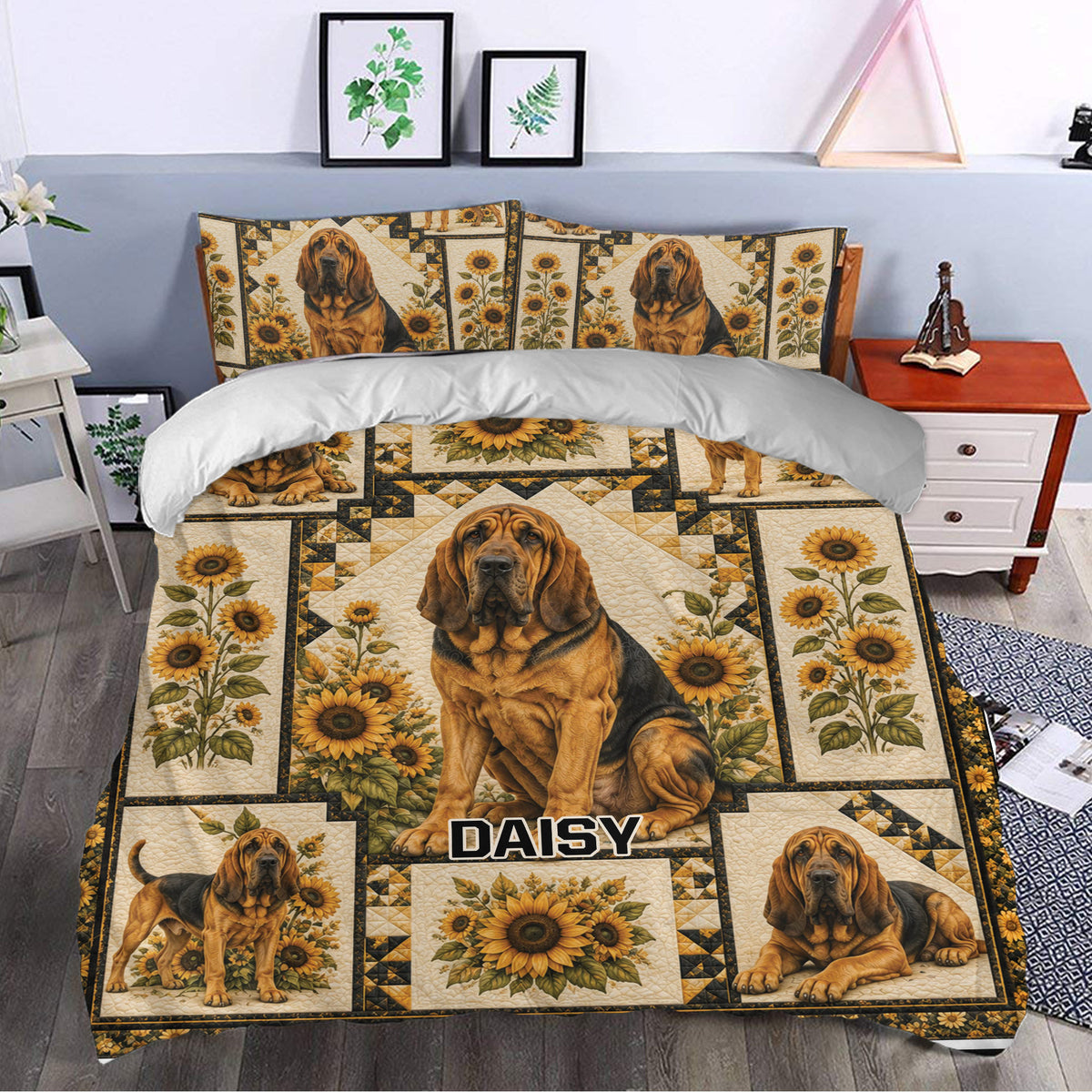 Bloodhound duvet cover set styled in a bedroom with sunflower panels, rustic colors, and matching pillowcases
