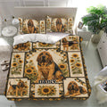 Bloodhound bedding set displayed in a bright bedroom with matching pillowcases and sunflower patchwork artwork