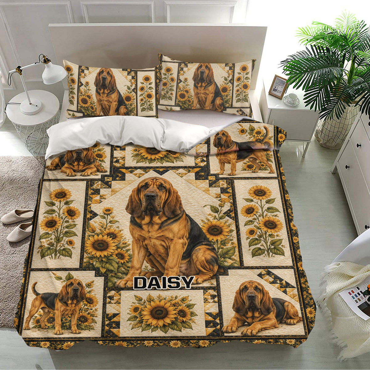 Bloodhound bedding set displayed in a bright bedroom with matching pillowcases and sunflower patchwork artwork